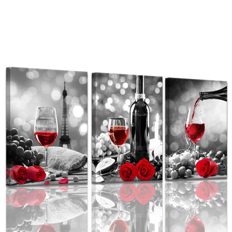 KAKEMONO Wine Decor Kitchen Canvas Art Red Wine Rose Artwork for Home Walls Black and White With Red Wine Painting Printed Rose Art Dining Room Decor Red Kitchen Pictures Wall Decor Stretched 12x16inches x3pcs - Image 1